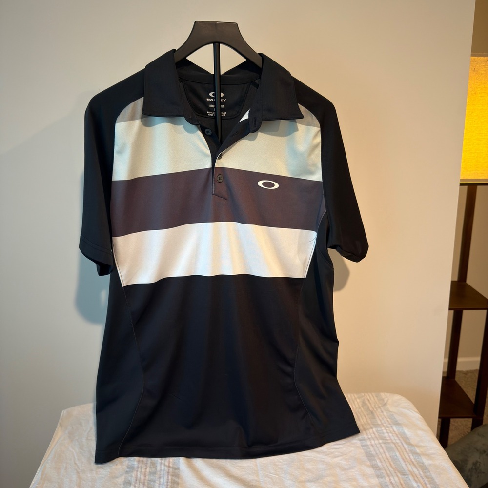 Oakley Ohydrolix Mens Golf Polo Shirt Black Grey White Striped Regular Fit L